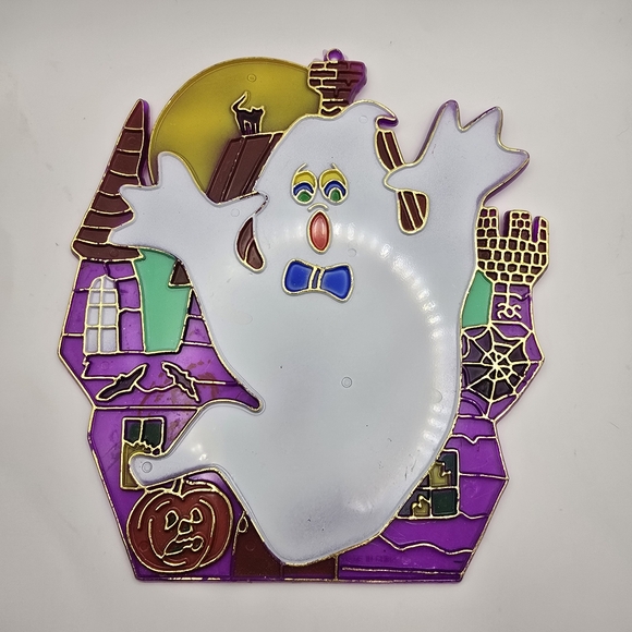 Vintage Halloween Window Hanging Haunted House Moon Ghost Black Cat Appx 9"x7" W - Picture 5 of 5